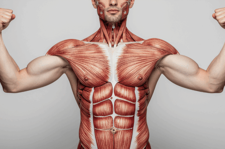 Image d'illustration d'un torse d'homme dont on voit le tissus musculaire pour symboliser les effets du tabac sur les muscles