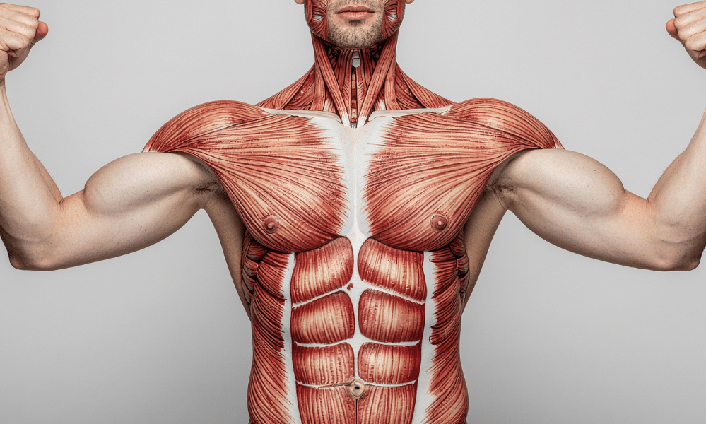 Image d'illustration d'un torse d'homme dont on voit le tissus musculaire pour symboliser les effets du tabac sur les muscles